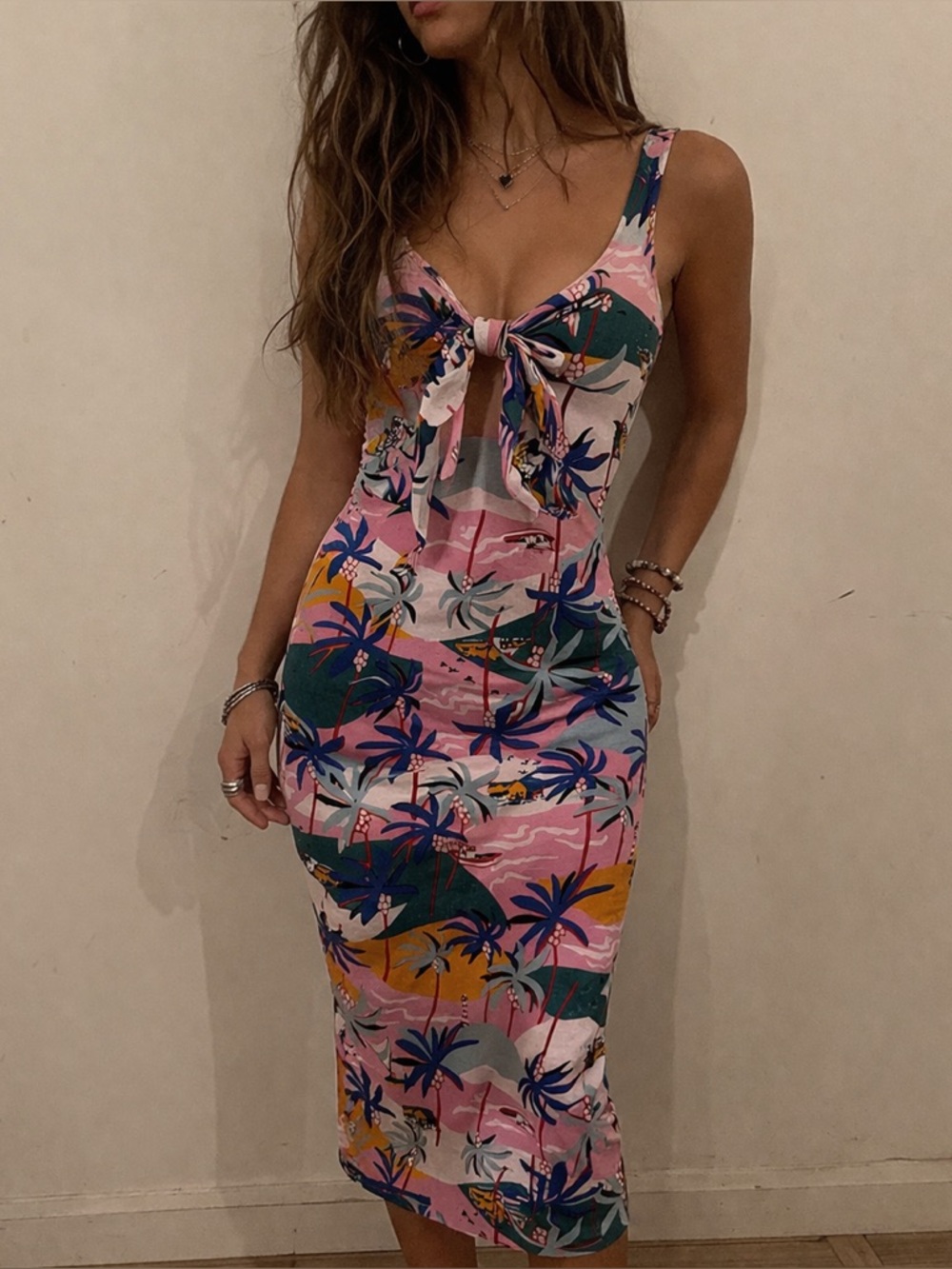 Sam Edelman Pink Tropical Island Print Midi Dress Bow Front Cutout Size 0 Resort